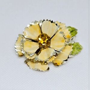 Vintage Floral Brooch Yellow Enamel Petals Crystal Center